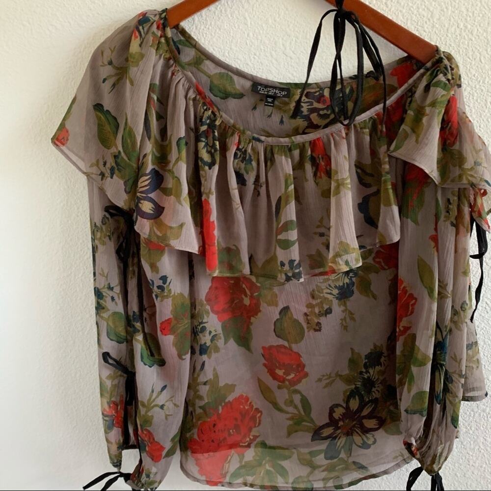 Topshop Large Floral Sheer Tie Arm Tie Strap Top 2